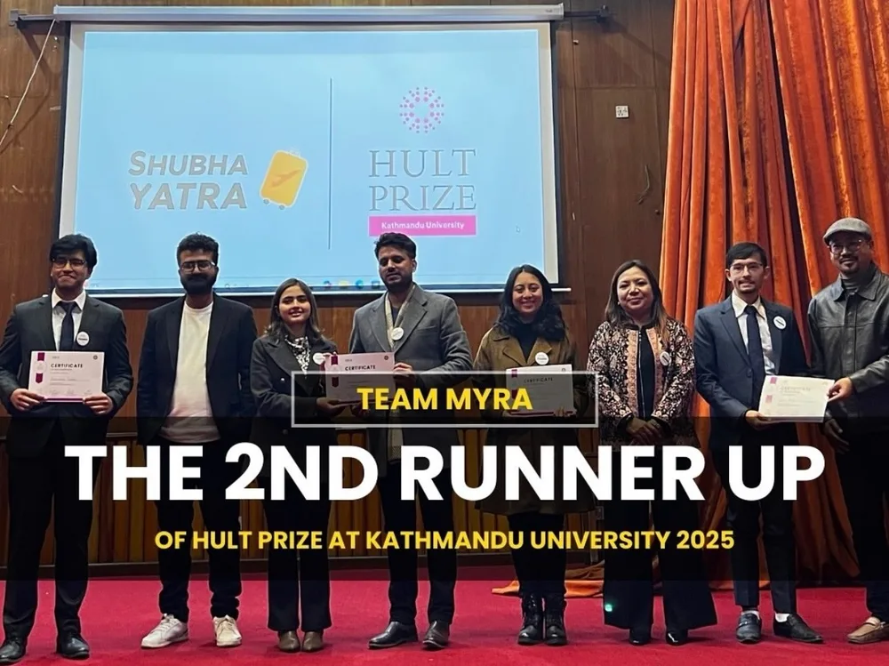Team Myra with their certificates after placing 2nd runner-up at Hult Prize, Kathmandu University 2025